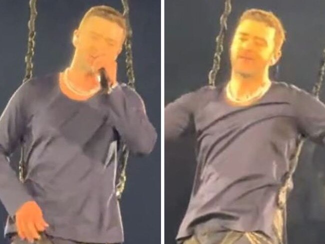 Justin Timberlake suffers awkward wardrobe malfunction.