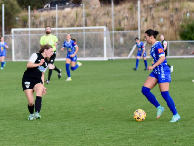 Launceston United striker Montana Leonard played her first game back from her second knee reconstruction, scoring two goals in the clubs 6-0 win over Taroona. Picture: Heather Reading