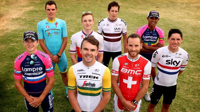 Current National Road Racing Champions who will be contesting this week's Santos Tour Down Under. Pictured Front is Jack Bobridge of Australia(Team - TREK SEGAFREDO), with fellow Current National Road Racing Champions, L-R Luka Pibernik of Slovania(Team - LAMPRE MERIDA), European Road Race Champion Luis Leon Sanchez of Spain(Team - TEAM ASTANA), Petr Vakoc of Czech Republic (Team - ETIXX QUICK STEP), Aleksejs Saramotins of Latvia(Team - IAM CYCLING), Danilo Wyss of Switzerland(Team - BMC RACING TEAM), Tsgabu Grmay of Ethiopia(Team - LAMPRE MERIDA) and Peter Kennaugh of Great Britain(Team - TEAM SKY) Picture: Dylan Coker