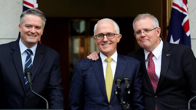 Mathias Cormann, Malcolm Turnbull and Scott Morrison before Turnbull’s removal as PM. Picture: Kym Smith