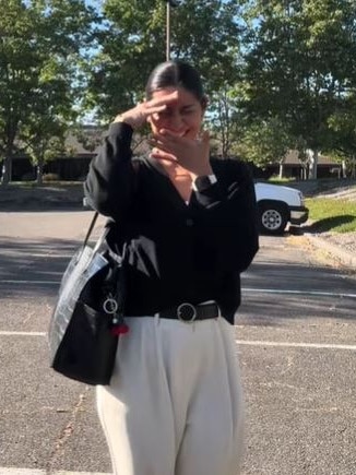 She said she wouldn’t make the mistake of wearing shorts to work again. Picture: @faithxfe/TikTok