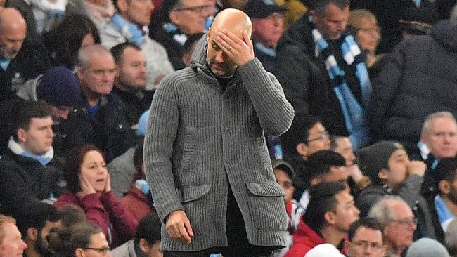 Manchester City manager Pep Guardiola reacts during the Champions League quarter-final second leg against Tottenham Hotspur at Etihad Stadium. Picture: AFP