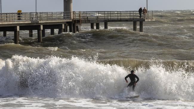 A surfer rides the big waves by Brighton Jetty. Picture by Kelly Barnes