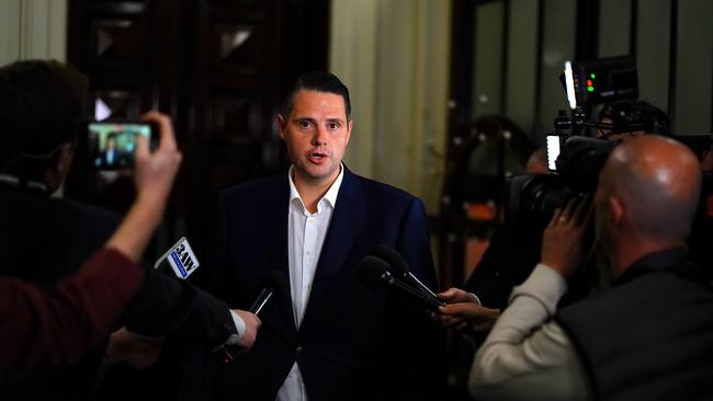 James Newbury MP talks to the media after leaving the Liberal Party meeting to decide on Moira Deeming’s future. Picture: NCA NewsWire /Luis Enrique Ascui