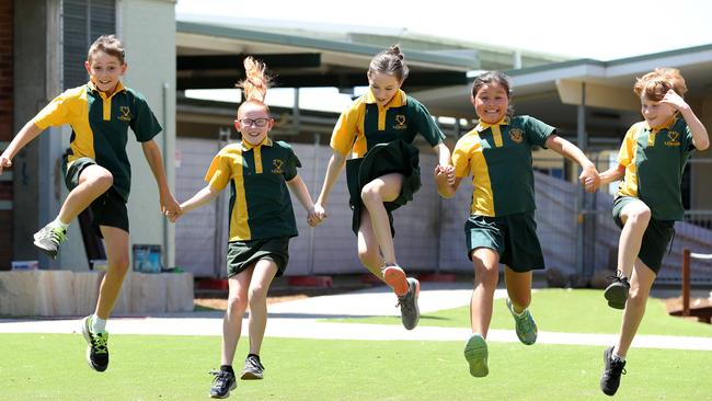 Lowood State School is among the most improved. Year 5 students Ricky Finger, Shiloh Denman, Addison Higgins, Anunta Kongpreephan-Smith, and Matthew Allen. Photographer: Liam Kidston.