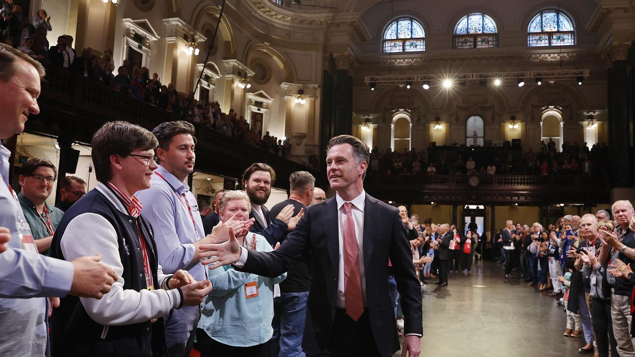 Labor leader Chris Minns is welcomed to Labor’s state conference. Picture: NCA NewsWire/Dylan Coker