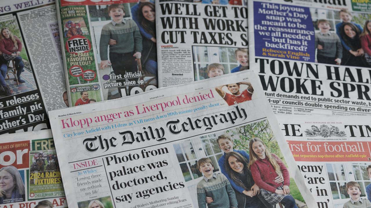 A selection of UK newspapers' front pages were splayed with the doctored image. Picture: Dan Kitwood/Getty Images