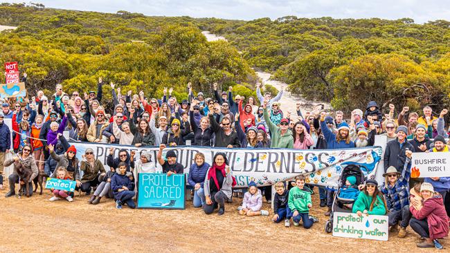 180 activists gathered at Whalers Way to protest new allegations the site is being used for weapon testing. Picture: EPEPA