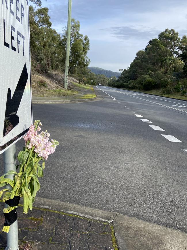 Floral tributes and a small toy unicorn lay at the fatal crash site on Algona Road, where a Huntingfield father and his young daughter were killed in a car crash. Photo: Phil Young.