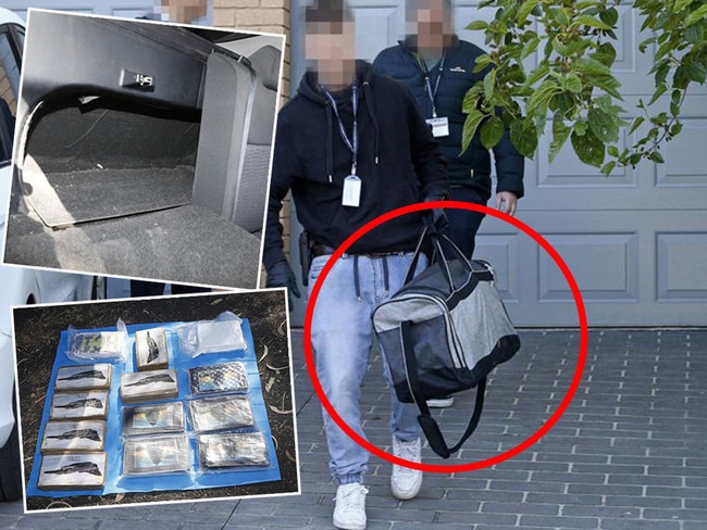 Police recover a bag thrown in to a neighbour's yard (main picture) during a raid on the home of Akron Hamzy. The bag is believed to contain up to 20kg of cocaine with an estimated street value of $30 million. Police also seized cars with hidden compatrtments, top left, and stamped blocks of cocaine, bottom left. Pictures: News Cor