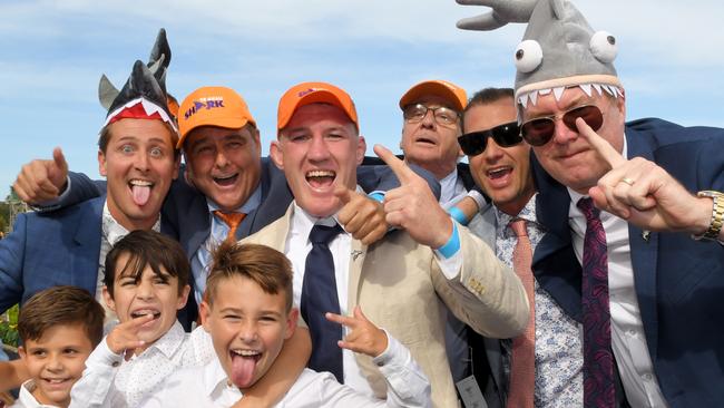 Sharks legend Paul Gallen celebrates with fellow owners after Te Akau Shark’s first Australian Group 1 win. Picture: AAP