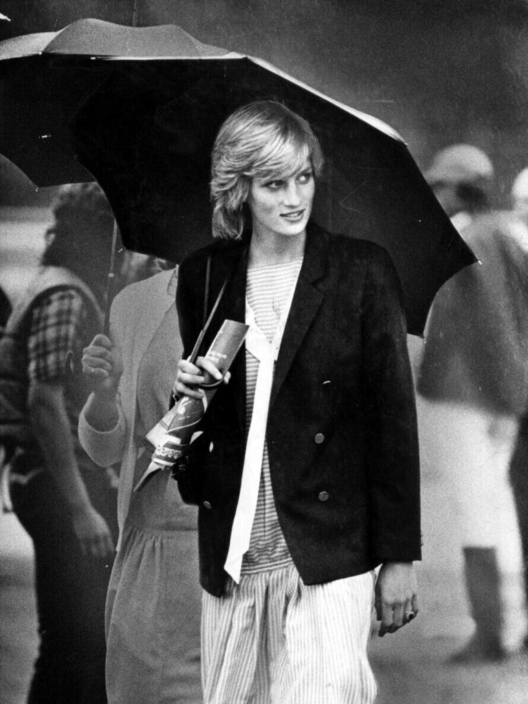 Diana, Princess of Wales, with umbrella at a Warwick Farm polo match in 1983.