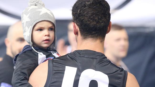 Collingwood captain Scott Pendlebury with son Jax. Picture: Michael Klein