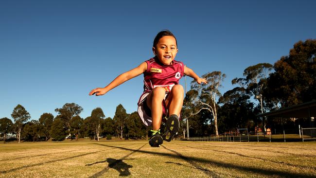 The talented Benjamin Nasio, 5, is a rising track star. Picture: Justin Sanson