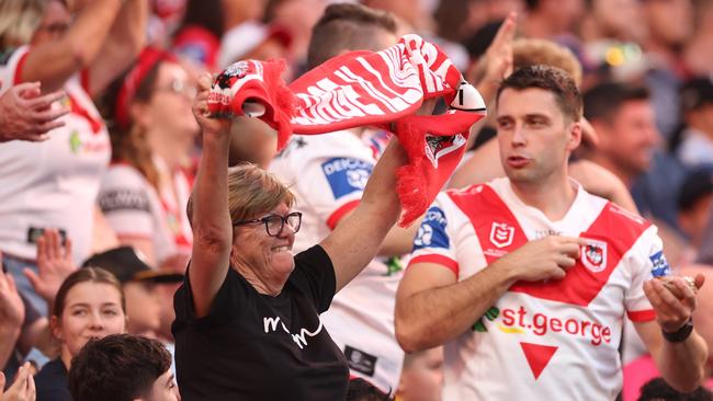 Dragons fans cheer on their side during the Anzac Day clash.