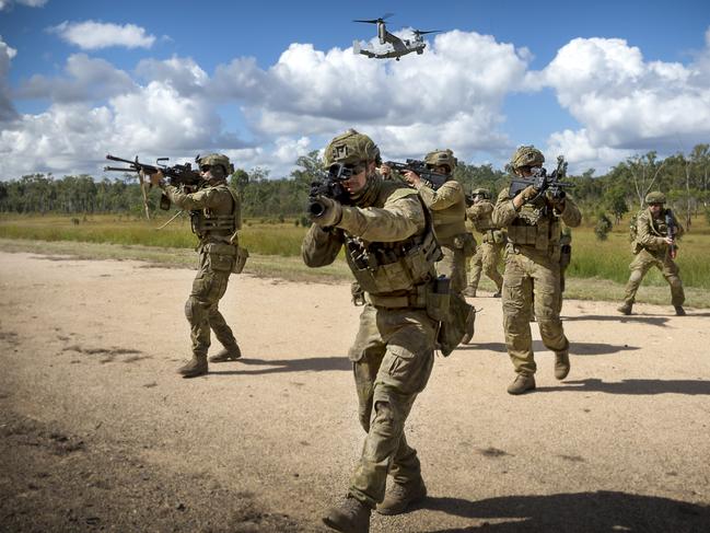 Australian Army riflemen from the 6th Battalion, Royal Australian Regiment, conduct a simulated assault with United States Marine Corps MV-22 Osprey support at the urban operations training area at in Shoalwater Bay during a previous Exercise Southern Jackaroo. Picture: Corporal Tristan Kennedy