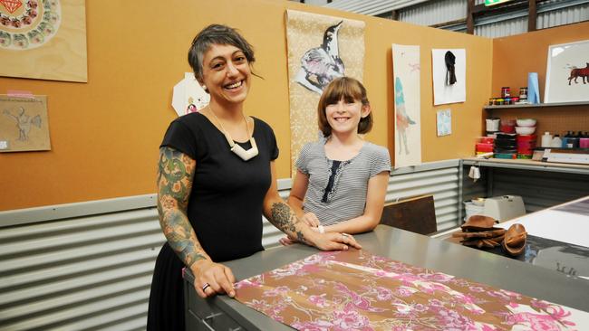 Joanna Kambourian and young Audrey Bush paired up as part of Lismore Regional Gallery's Duo Art program. Picture: Doug Eaton