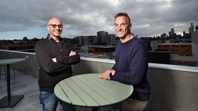 Billionaire Alex Waislitz (left) recently upped his stake in Spacetalk to nearly 11 per cent. Pictured with Antony Catalano in Melbourne. Picture: NCA NewsWire / Nicki Connolly