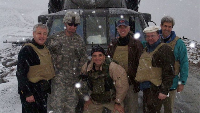 Then-senators Chuck Hagel, Joe Biden and John Kerry stranded in Afghanistan on February 20, 2008. Picture: US State Department