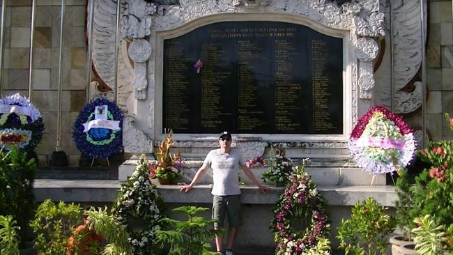 Antony Svilicich at the Bali Bombing memorial across the road from the Sari Club. Picture: Supplied.