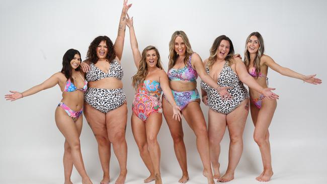 Models Nikita Malvaso, Simone Ziada, Gemma Crowe, Erryn Harvey, Alana Egan and Alyssa Boric dust off their togs for summer. Picture: David Caird