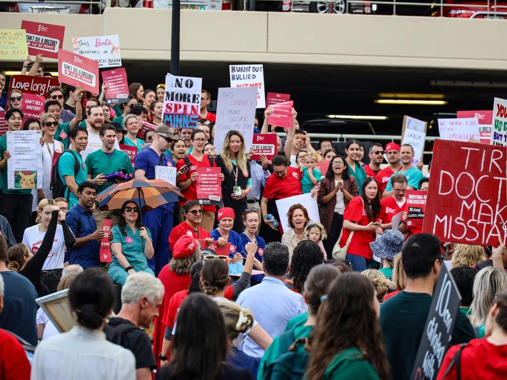 Hundreds of doctors, nurses, midwives and medical staff pictured outside St George Hospital in Kogarah to protest the NSW government's working conditions. Picture: NewsWire / Nicholas Eagar