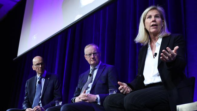 From left: Future Generations founder Geoff Wilson, former RBA boss Philip Lowe and Magellan’s Nikki Thomas at a forum earlier this year. Picture: John Feder