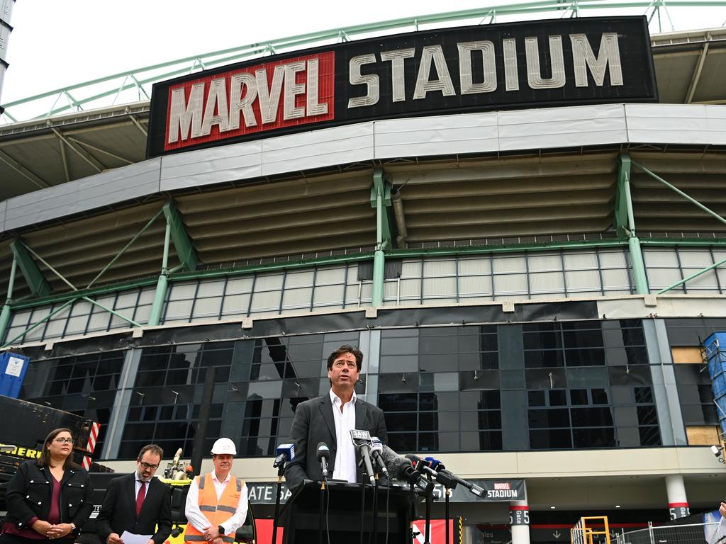 Gillon McLachlan speaks outside Marvel Stadium, amid is refurb. Picture: Getty Images