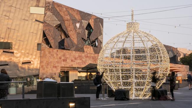 The Christmas bauble in Federation Square. Picture: City of Melbourne