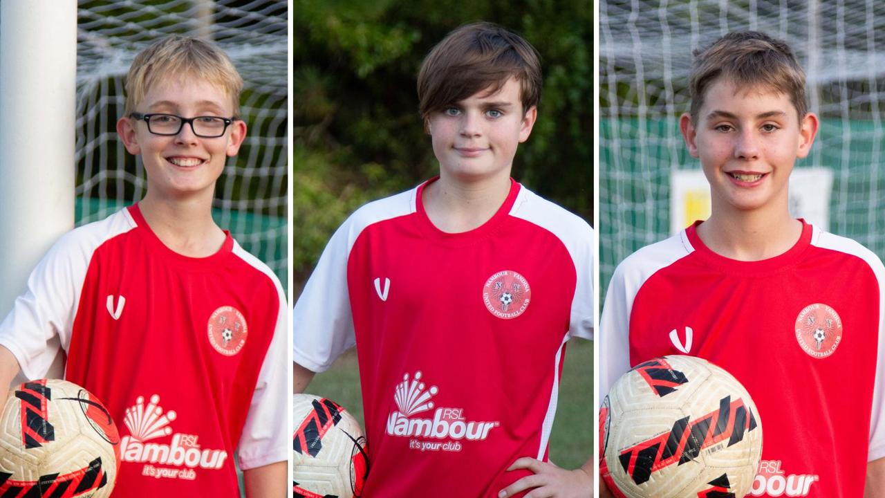 Nambour Yandina United’s in-form trio Harlan Vaughan, Loch Stevens and Cadel Martin. Picture: Ben Lockens.