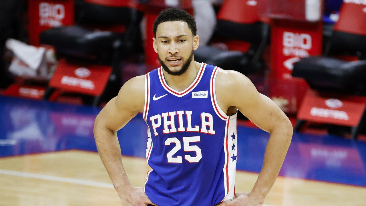 PHILADELPHIA, PENNSYLVANIA - MARCH 01: Ben Simmons #25 of the Philadelphia 76ers calls to teammates during the third quarter against the Indiana Pacers at Wells Fargo Center on March 01, 2021 in Philadelphia, Pennsylvania. NOTE TO USER: User expressly acknowledges and agrees that, by downloading and or using this photograph, User is consenting to the terms and conditions of the Getty Images License Agreement. (Photo by Tim Nwachukwu/Getty Images)