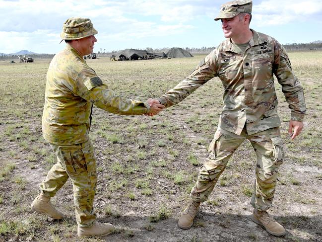 Brigadier Nick Foxall from the Australian Army and US Army Lieutenant colonel Alexander Kerr at the Exercise Talisman Sabre 2023 in the Shoalwater Bay training area on Saturday. Picture: NCA NewsWire / Jeremy Piper