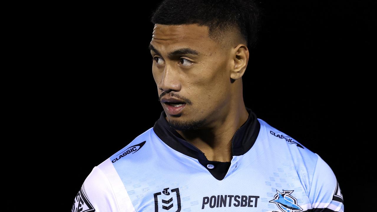 SYDNEY, AUSTRALIA - JULY 12: Ronaldo Mulitalo of the Sharks warms up before the round 19 NRL match between Cronulla Sharks and Wests Tigers at PointsBet Stadium on July 12, 2024, in Sydney, Australia. (Photo by Brendon Thorne/Getty Images)