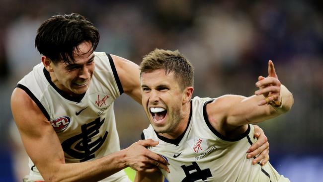 Marc Murphy celebrates after his match-winning goal against the Dockers last year. Picture: Getty Images