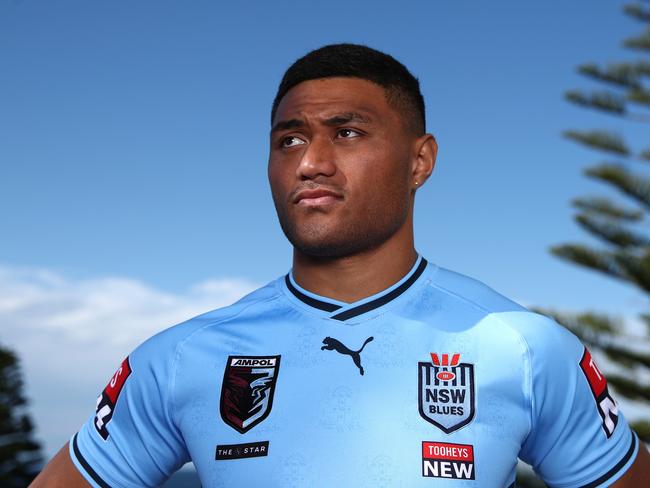 SYDNEY, AUSTRALIA - JUNE 13: Stefano Utoikamanu of the Blues poses during a New South Wales Blues State of Origin media opportunity at Crowne Plaza Coogee on June 13, 2023 in Sydney, Australia. (Photo by Jason McCawley/Getty Images)