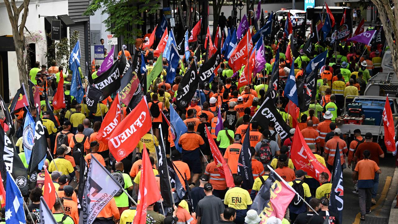 Thousands of CFMEU union members march in a protest from Queens Gardens to the Federal offices at Waterfront Place. Picture: Lyndon Mechielsen/Courier Mail