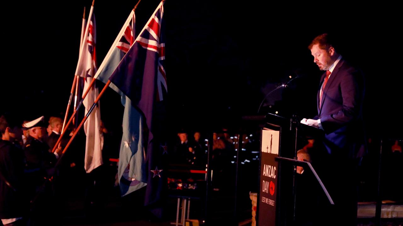 Guest speaker federal Labor MP Ed Husic addresses Anzac Day dawn service attendees at Pinegrove Memorial Park in Minchinbury. Picture: Angelo Velardo