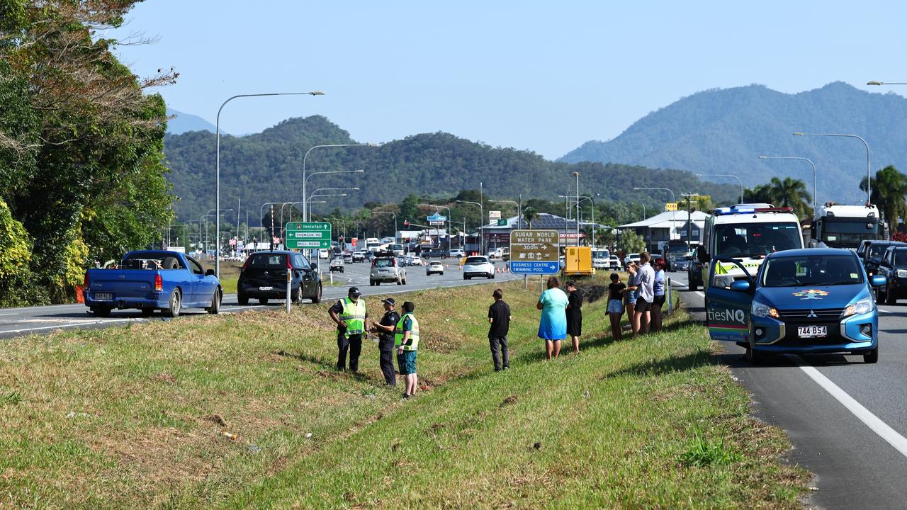 Scene of a multiple vehicle crash involving eight cars on the Bruce Highway at Edmonton. Queensland police, ambulance and fire department personnel all attended the incedent, but no one was seriously injured. Picture: Brendan Radke