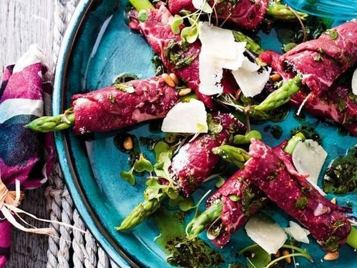 Beef carpaccio and asparagus rolls.