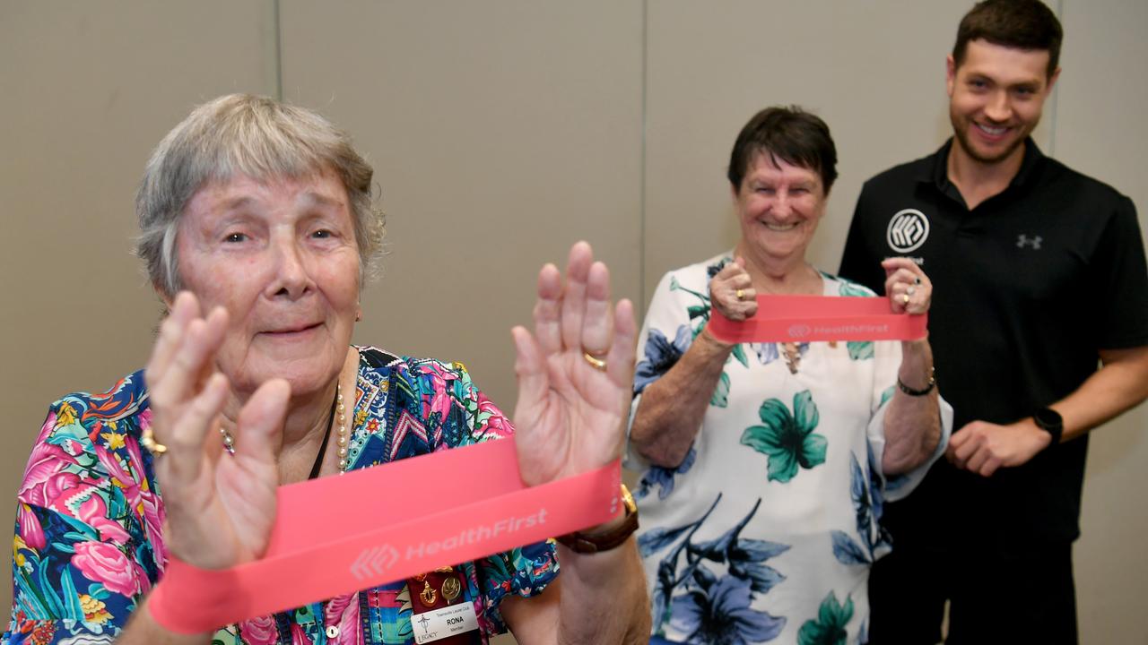 Legacy Widows Rona Borgges and Merle Salmon personal trainer Leroy Palmer from Health First NQ at Townsville RSL. Picture: Evan Morgan