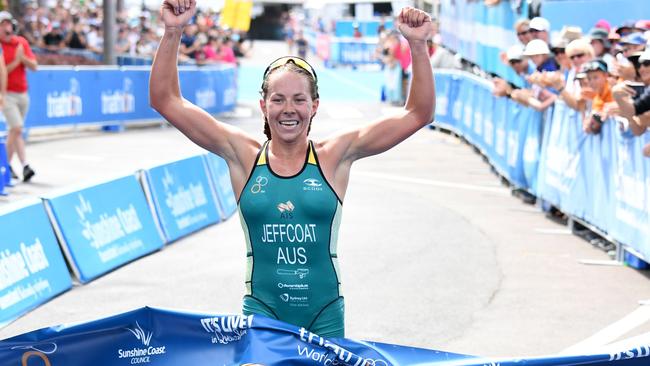 Emma Jeffcoat celebrates victory at Mooloolaba.