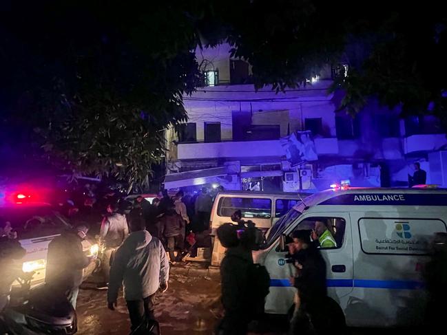 Ambulances and police are picture at the site of an Israeli strike that targeted Zuqaq al-Blat neighbourhood in Beirut. Picture: AFP