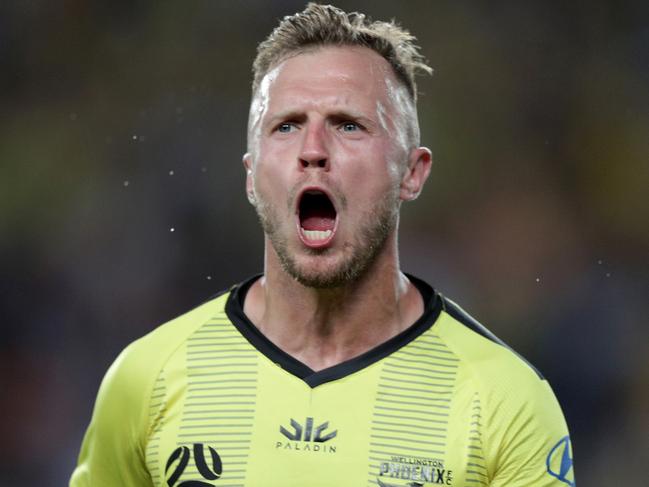 David Ball of the Phoenix reacts to scoring a goal during the Round 19 A-League match between Wellington Phoenix and Melbourne City FC at Eden Park in Auckland, Saturday, February 15, 2020. (AAP Image/David Rowland) NO ARCHIVING, EDITORIAL USE ONLY