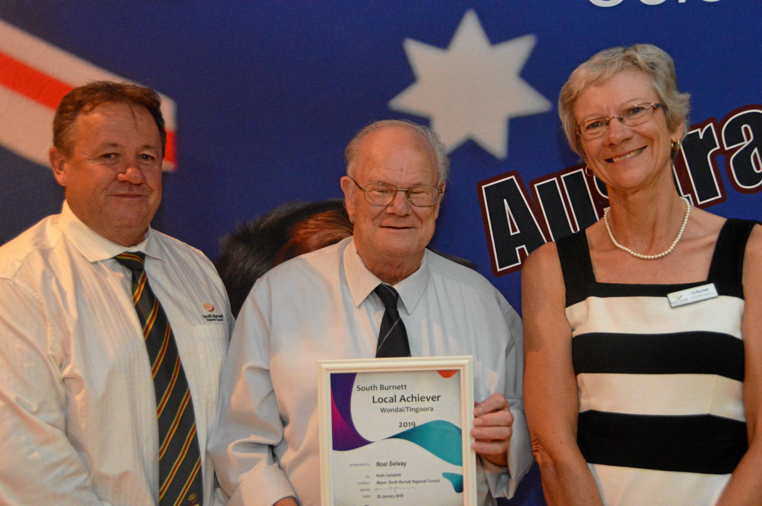 Winner of the Wondai and Tingoora local achiever award Noel Selway  with Cr Ros Heit and Cr Gavin Jones at the South Burnett Australia Day awards. Picture: Claudia Williams