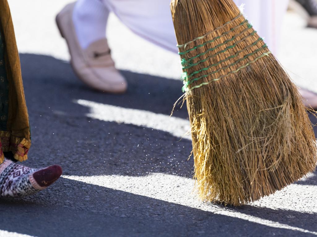 The street in front of the chariot is swept clean during Toowoomba's Festival of Chariots, Saturday, July 20, 2024. Picture: Kevin Farmer