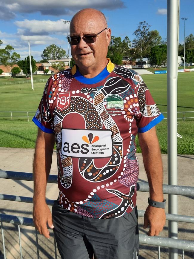 Rugby League Ipswich chairman Gary Parker tries out the Indigenous jersey players will wear at the North Ipswich Reserve on March 6. Picture: David Lems