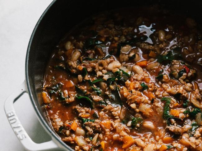 EMBARGO FOR TWAM 22 JUNE 2024. FEE MAY APPLY. Italian Farro Soup - From Around Our Table by Sara Forte (Hardie Grant, $55). Photography by: Hugh Forte