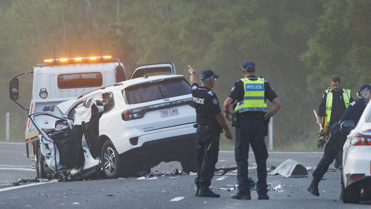 Police at the scene of a fatal car crash on the D'Aguilar Highway west of Wamuran on Sunday afternoon. Picture Lachie Millard