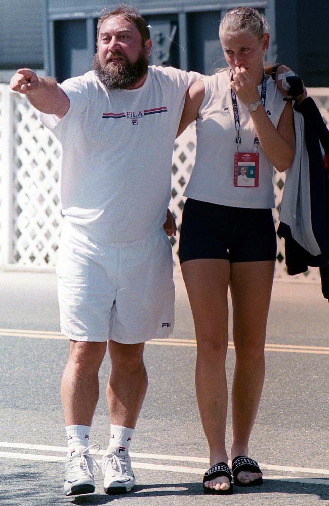 An upset Jelena Dokic with her father Damir, after he got into a dispute with officials during the 2009 US Open at Flushing Meadows. Picture: Charles Fowler