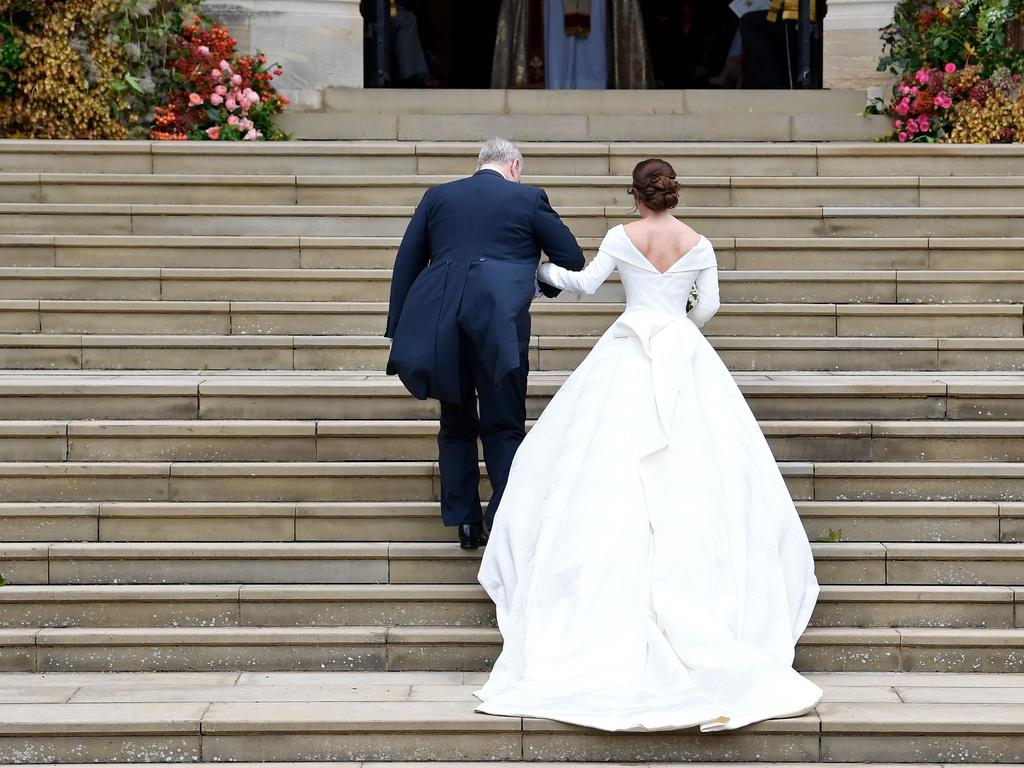 Britain's Princess Eugenie of York arrives accompanied by her father Prince Andrew, Duke of York. Picture: AFP